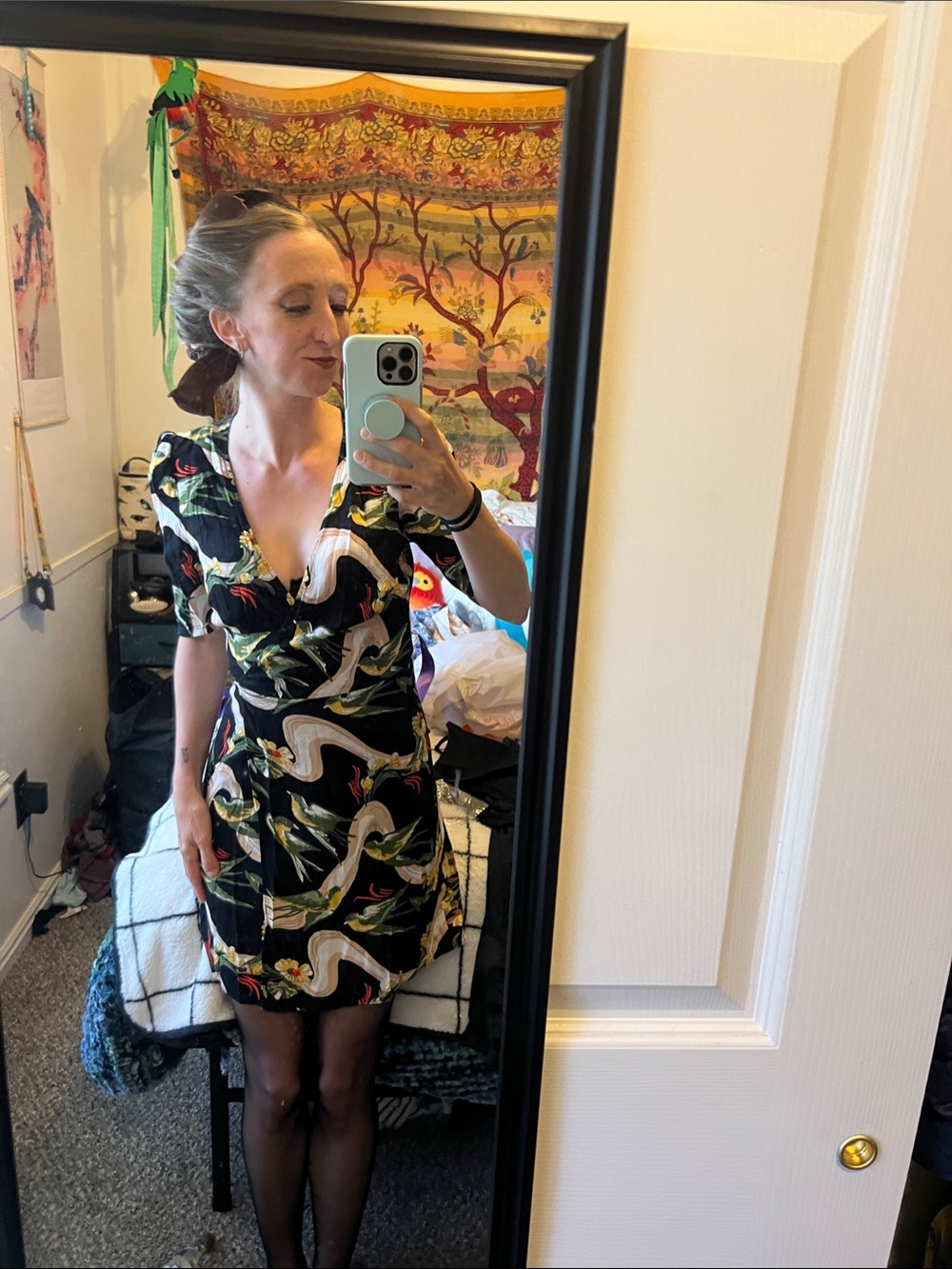 Reformation Black Tropical Bird Print Wrap Dress
